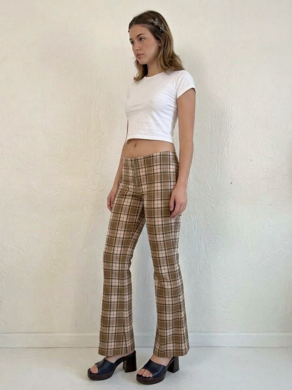 VINTAGE Y2K Plaid Low Rise Flare Pants Size Large 2000s 90s Grunge Tan Checked